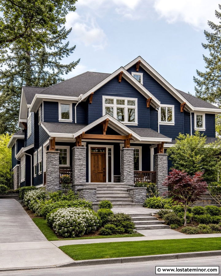 Navy Blue Craftsman With Gray Stone Porch - 30 Navy Blue House Design With Stone Accents Ideas