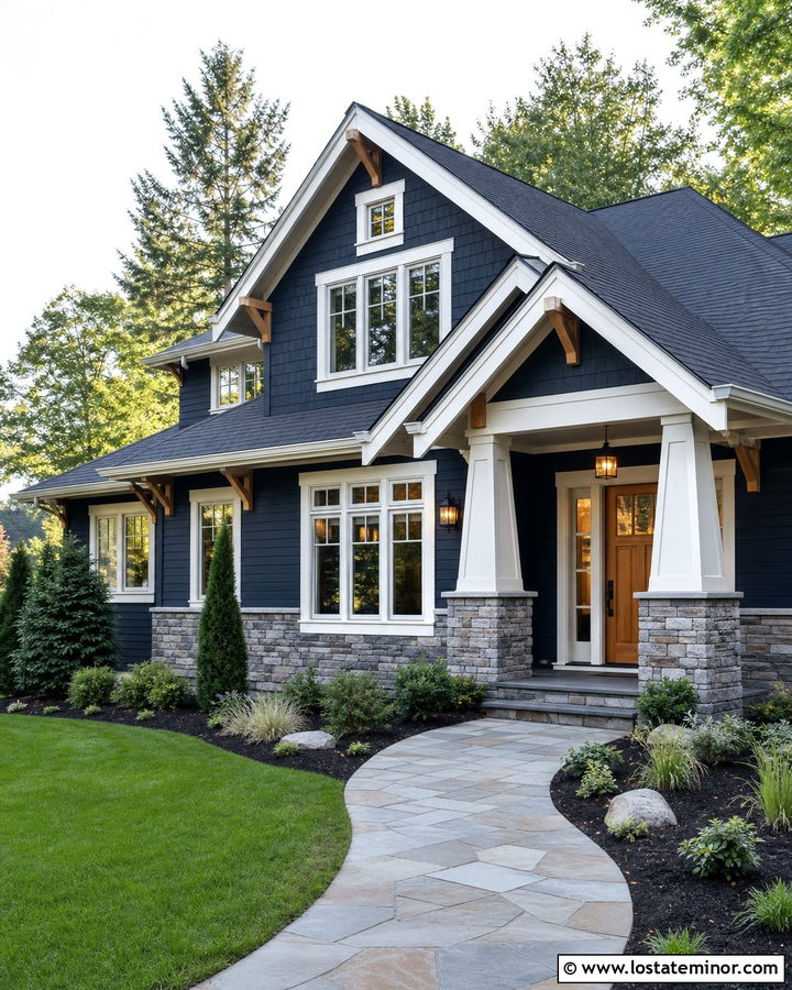 Navy Blue Craftsman With Gray Stone Wainscoting - 30 Navy Blue House Design With Wainscoting Ideas