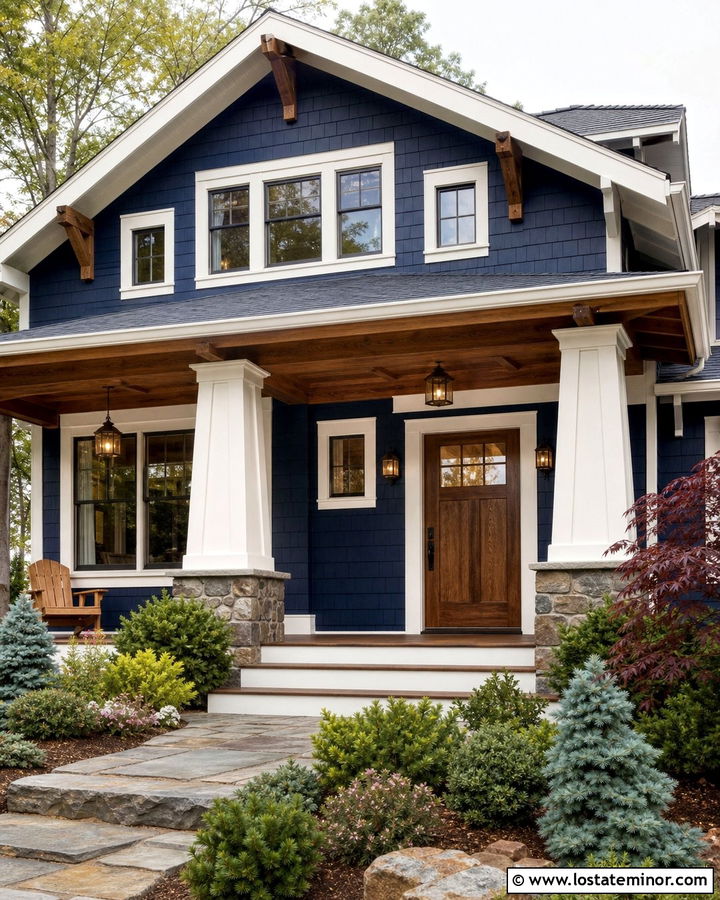Navy Blue Craftsman With Layered Foundation Planting - 30 Navy Blue House Design With Front Yard Ideas