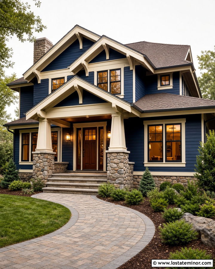 Navy Blue Craftsman With Mission Lights - 30 Navy Blue House Design With Light Fixtures Ideas