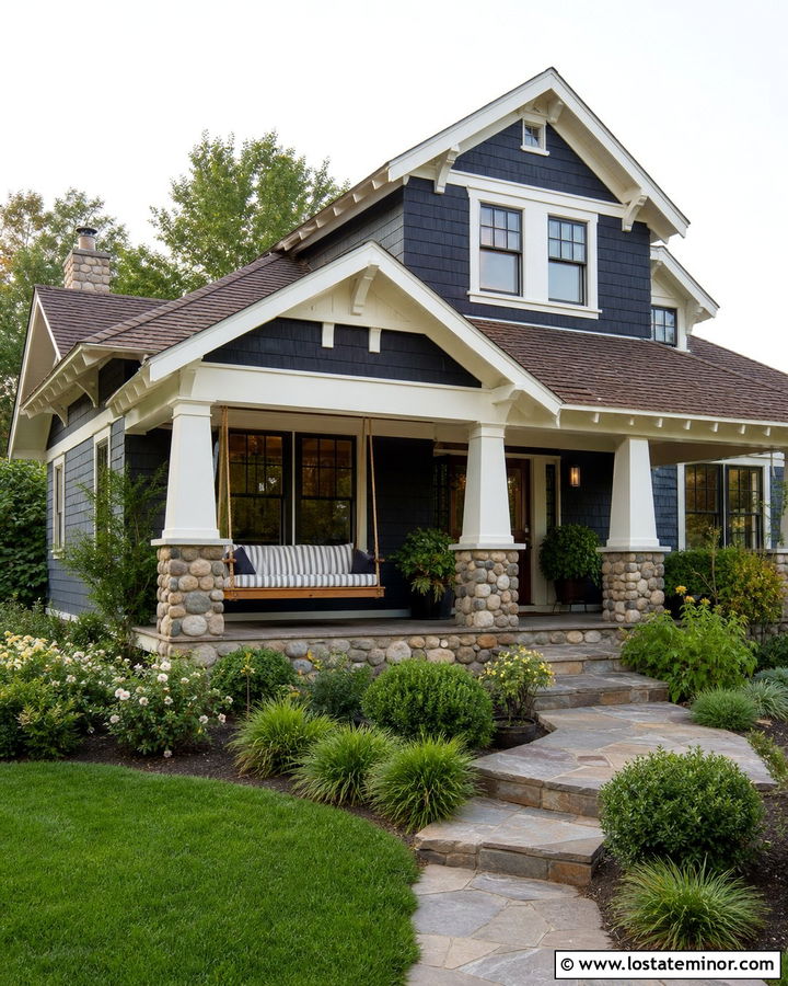 Navy Blue Craftsman With Porch Swing Daybed - 30 Navy Blue House Design With Daybed Ideas