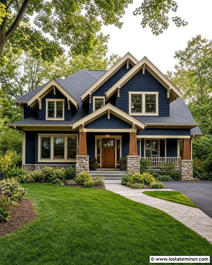 Navy Blue Craftsman With Shingle Gables - 30 Navy Blue House Design With Shingles Ideas