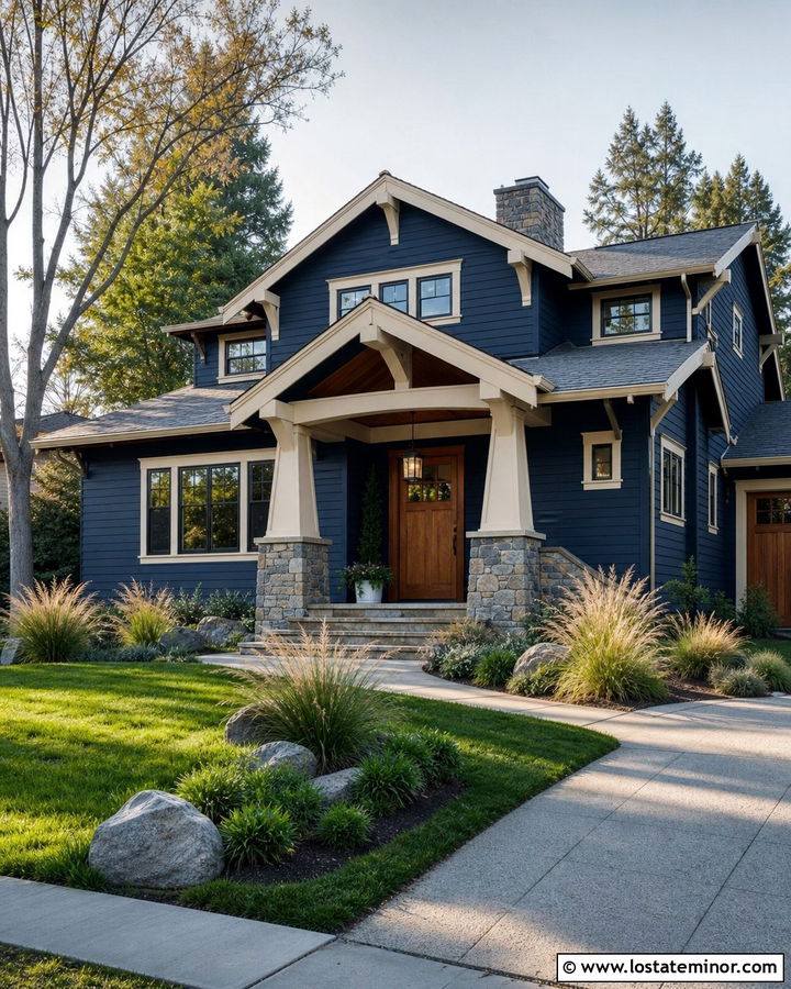 Navy Blue Craftsman With Stone Column Portico - 30 Navy Blue House Design With Portico Ideas