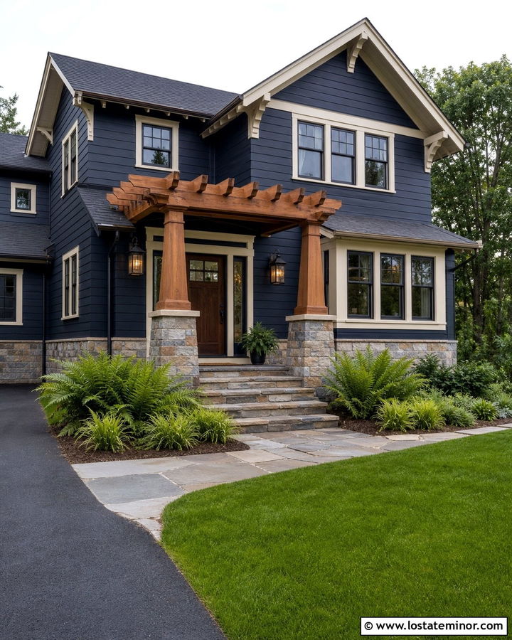 Navy Blue Craftsman With Stone Pergola Columns - 30 Navy Blue House Design With Pergola Ideas