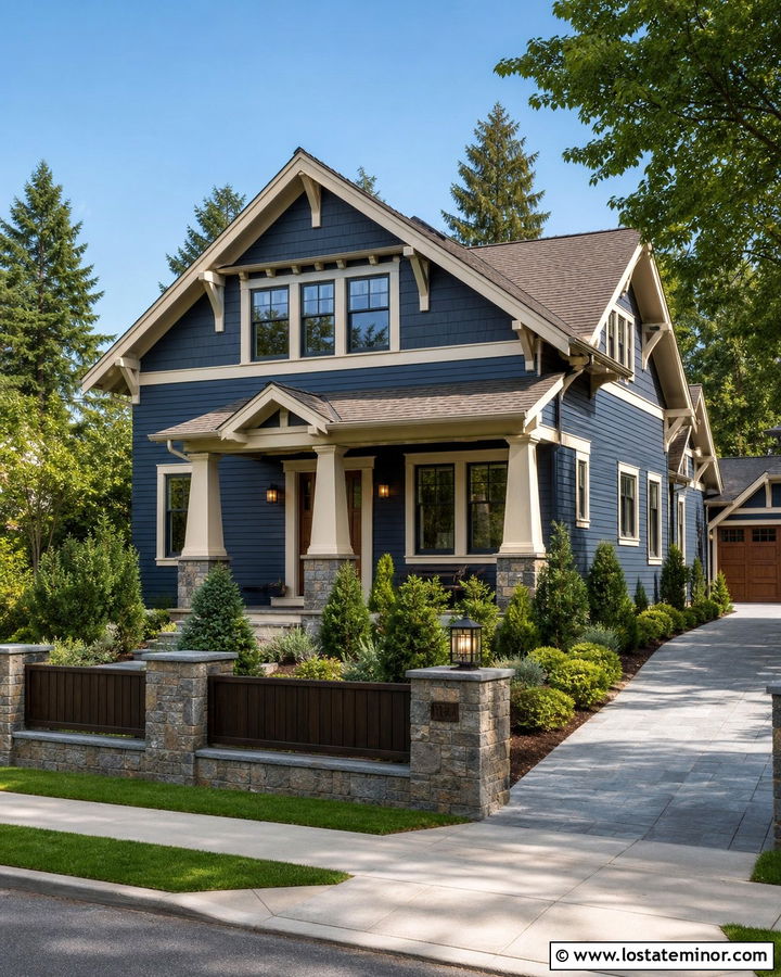 Navy Blue Craftsman With Stone Pillar Fence - 30 Navy Blue House Design With Fence Ideas