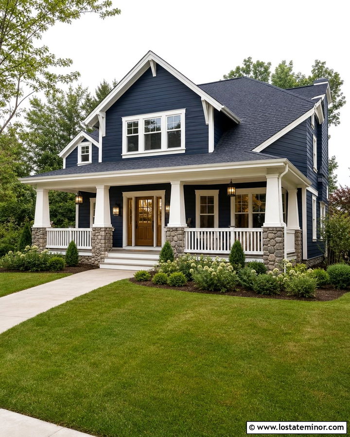 Navy Blue Craftsman With White Porch - 30 Navy Blue House Design With Front Porch Ideas