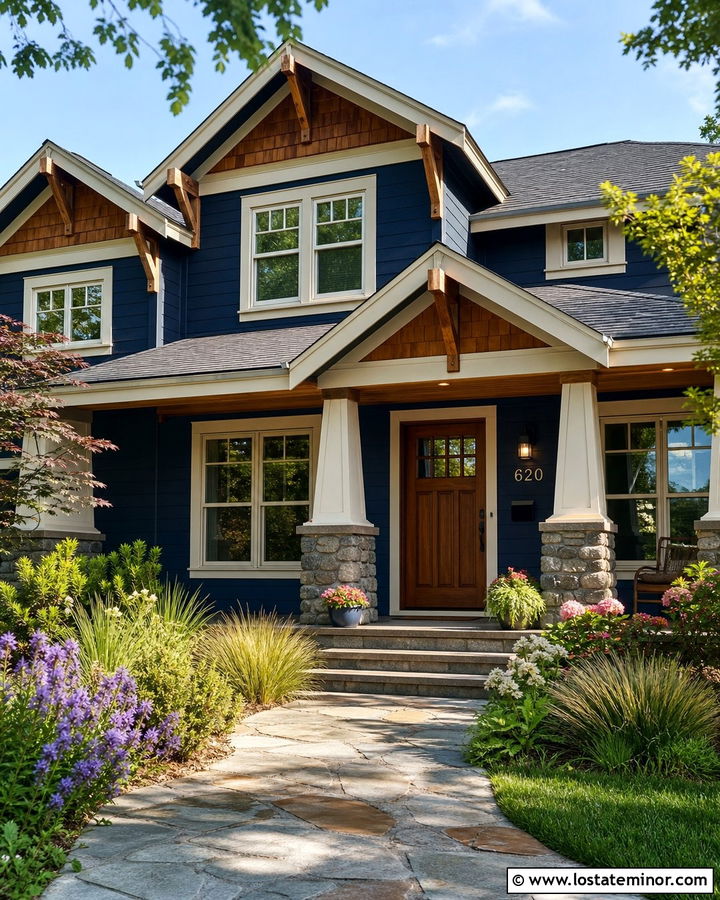 Navy Blue Craftsman With Wood Front Door - 30 Navy Blue House Design With Front Door Ideas