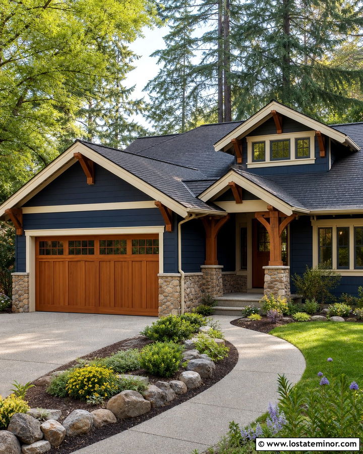 Navy Blue Craftsman With Wood Garage Door - 30 Navy Blue House Design With Garage Door Ideas