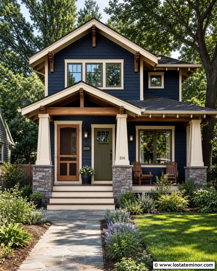 Navy Blue Craftsman With Wood Screen Door - 30 Navy Blue House Design With Screen Door Ideas