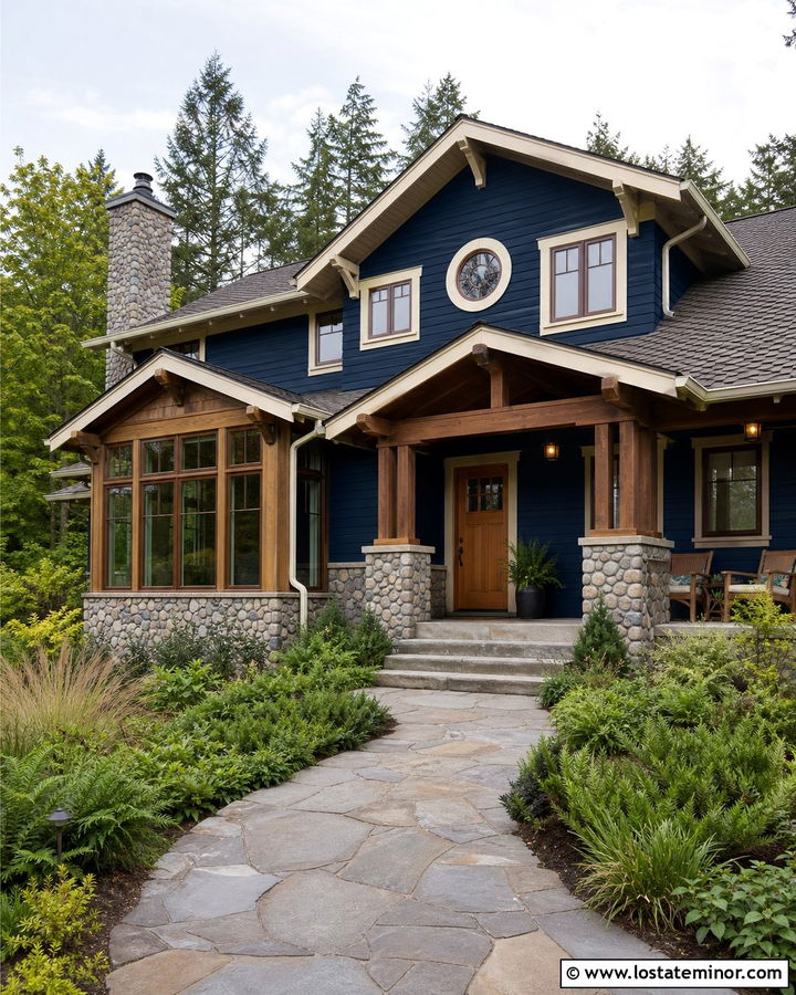 Navy Blue Craftsman With Wood Sunroom - 30 Navy Blue House Design With Sunroom Ideas