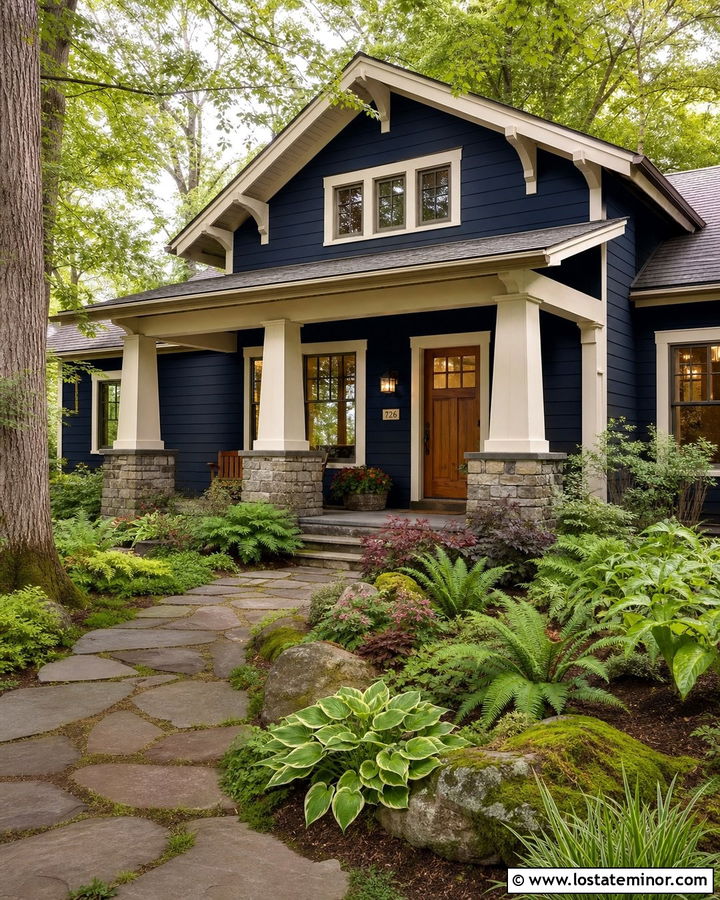 Navy Blue Craftsman With Woodland Landscaping - 30 Navy Blue House Design With Landscaping Ideas