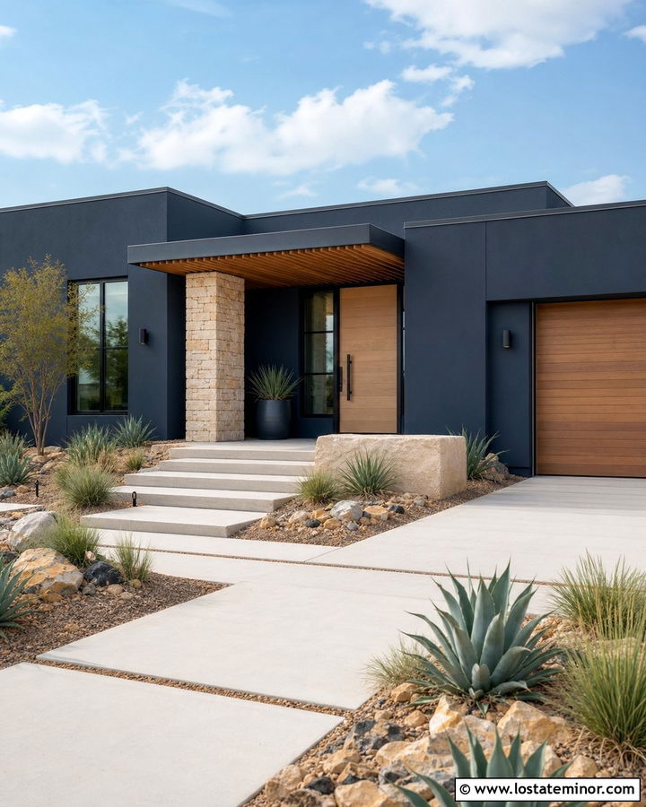 Navy Blue Desert House With Slatted Awning - 30 Navy Blue House Design With Awning Ideas