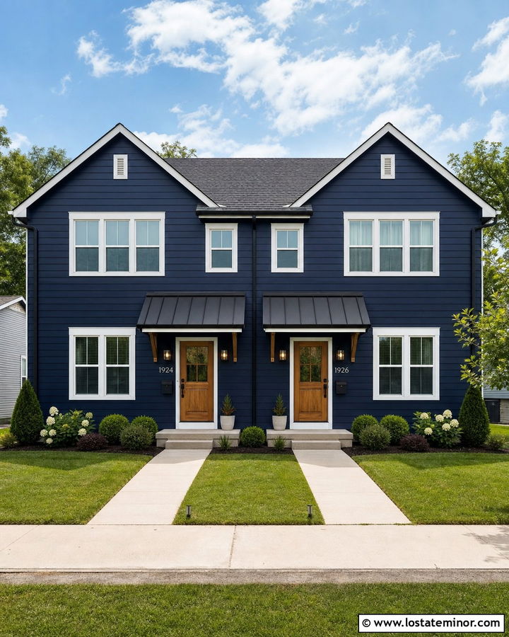 Navy Blue Duplex With Matching Awnings - 30 Navy Blue House Design With Awning Ideas