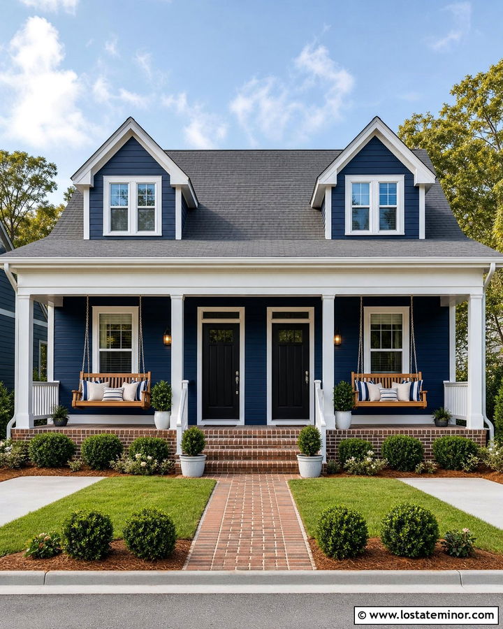 Navy Blue Duplex With Matching Porch Swings - 30 Navy Blue House Design With Swing Ideas
