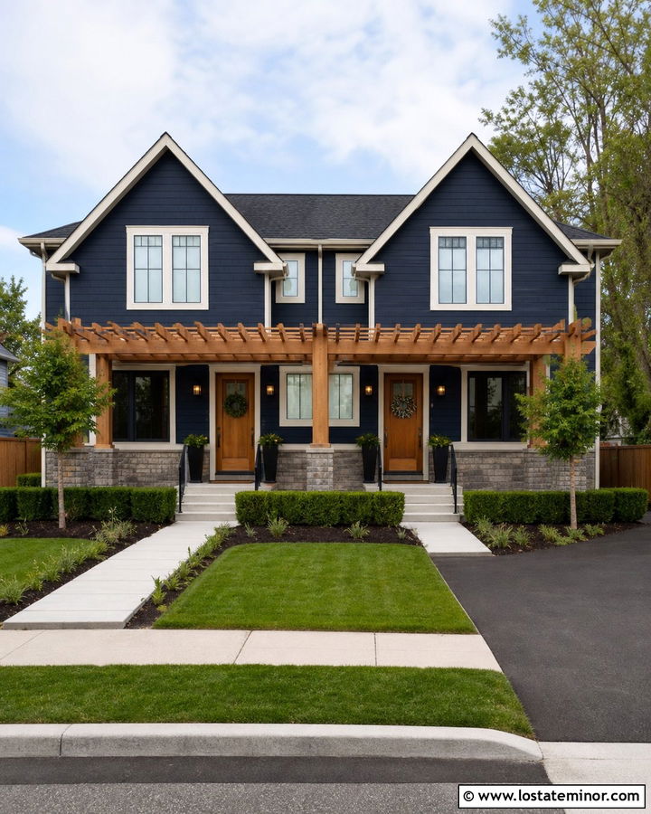 Navy Blue Duplex With Shared Pergola - 30 Navy Blue House Design With Pergola Ideas