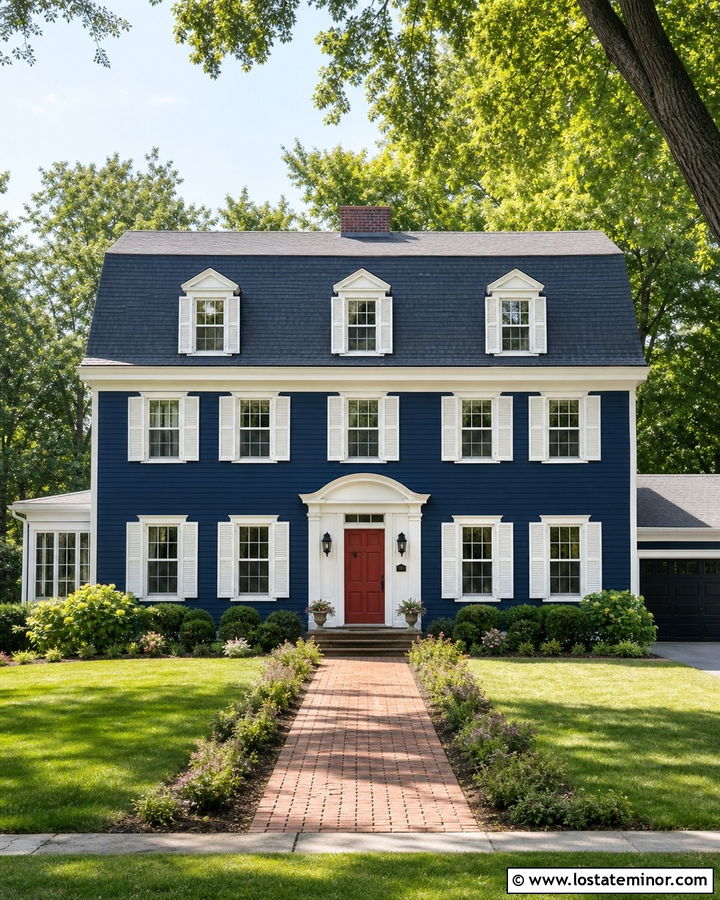 Navy Blue Dutch Colonial House With White Shutters - 30 Navy Blue House Design With Shutters Ideas