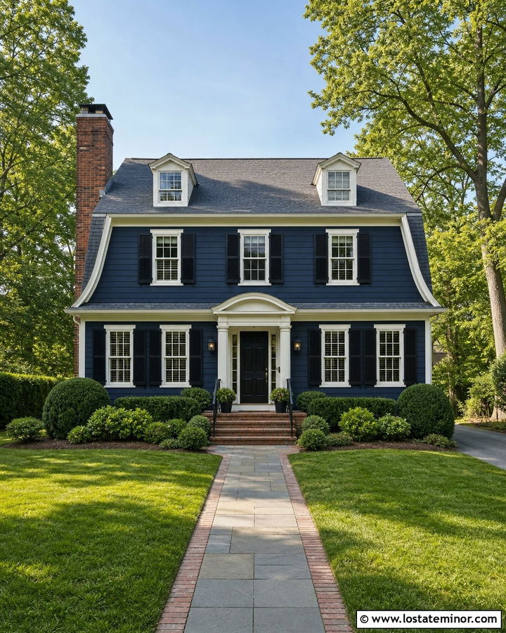 Navy Blue Dutch Colonial With Brick Chimney - 30 Navy Blue House Design With Chimney Ideas