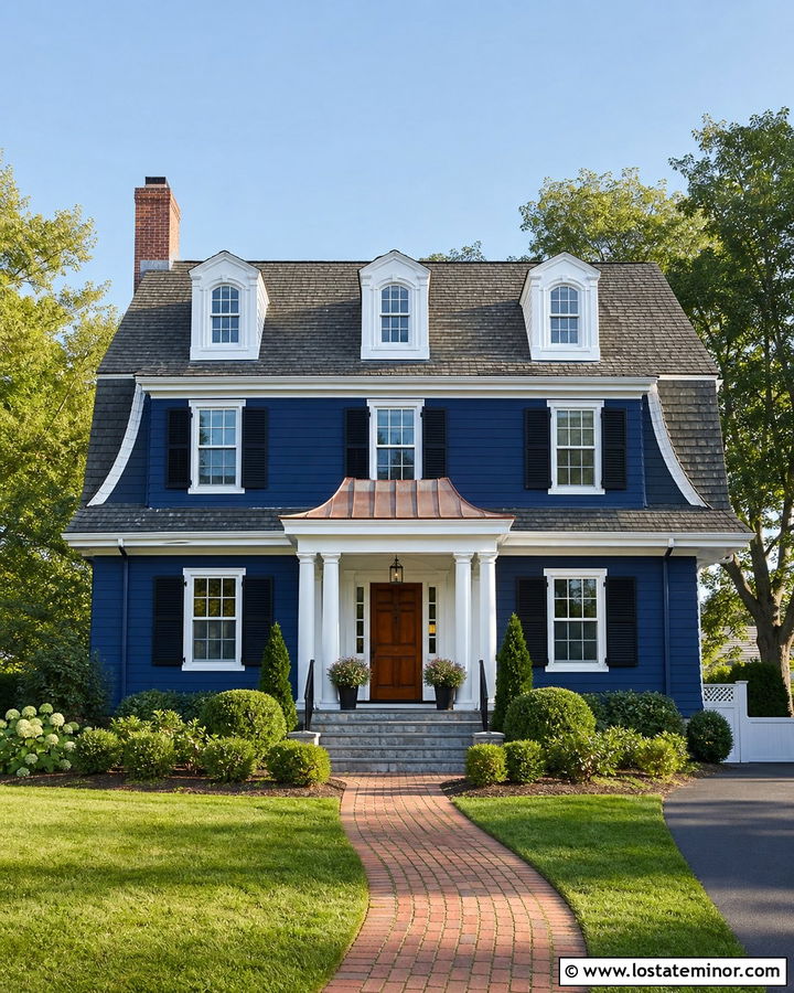 Navy Blue Dutch Colonial With Curved Portico - 30 Navy Blue House Design With Portico Ideas