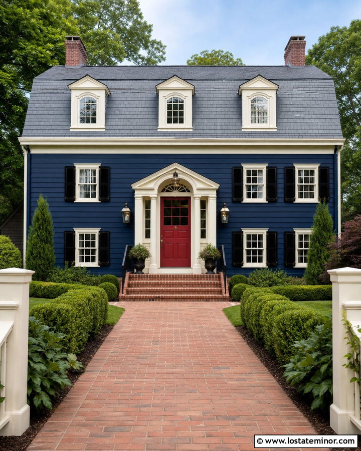 Navy Blue Dutch Colonial With Red Dutch Door - 30 Navy Blue House Design With Dutch Door Ideas