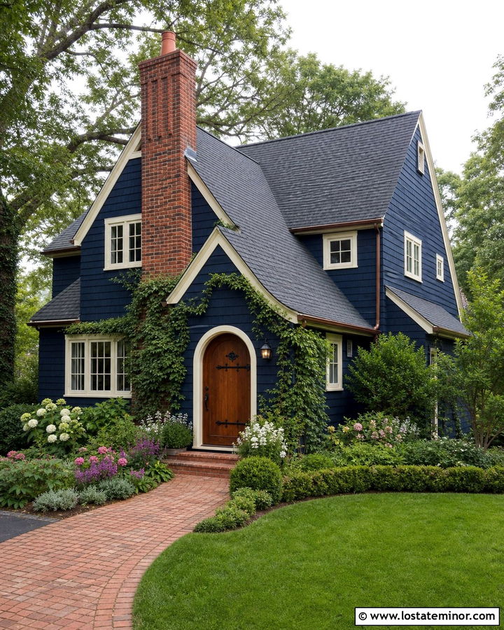 Navy Blue English Cottage With Tall Brick Chimney - 30 Navy Blue House Design With Chimney Ideas