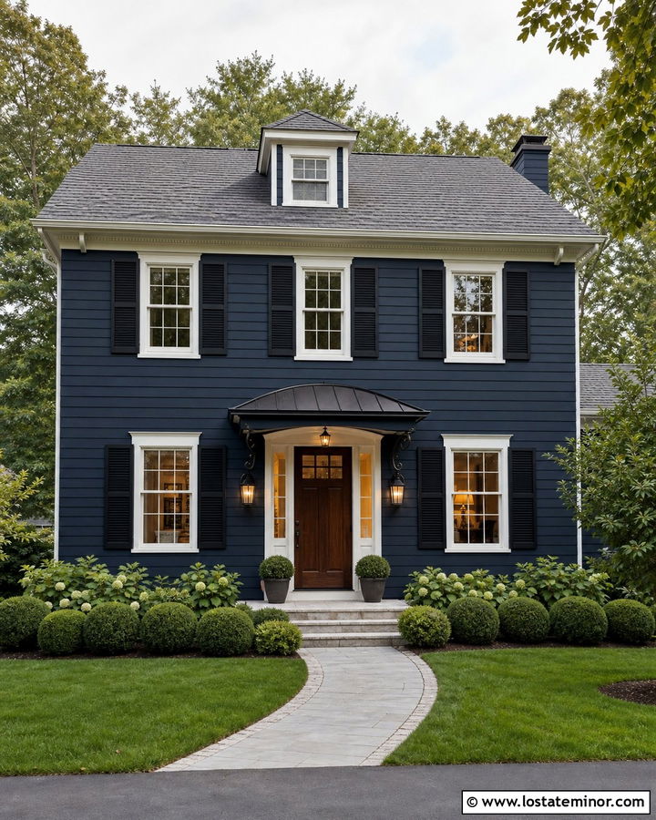 Navy Blue Entry With Curved Metal Awning - 30 Navy Blue House Design With Awning Ideas