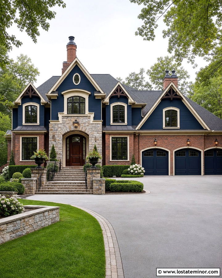 Navy Blue Estate House With Brick And Stone - 30 Navy Blue House Design With Brick Accents Ideas