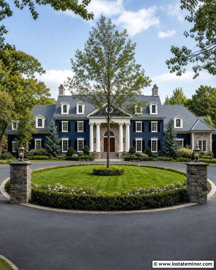Navy Blue Estate House With Circular Drive - 30 Navy Blue House Design With Front Yard Ideas