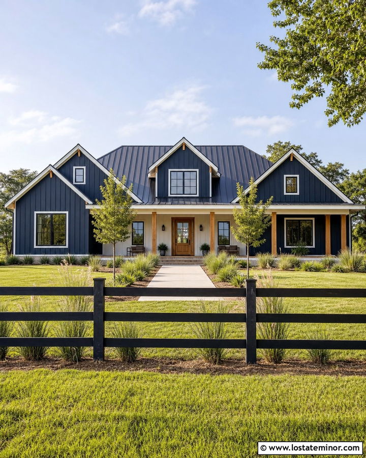 Navy Blue Farmhouse With Black Farm Fence - 30 Navy Blue House Design With Fence Ideas