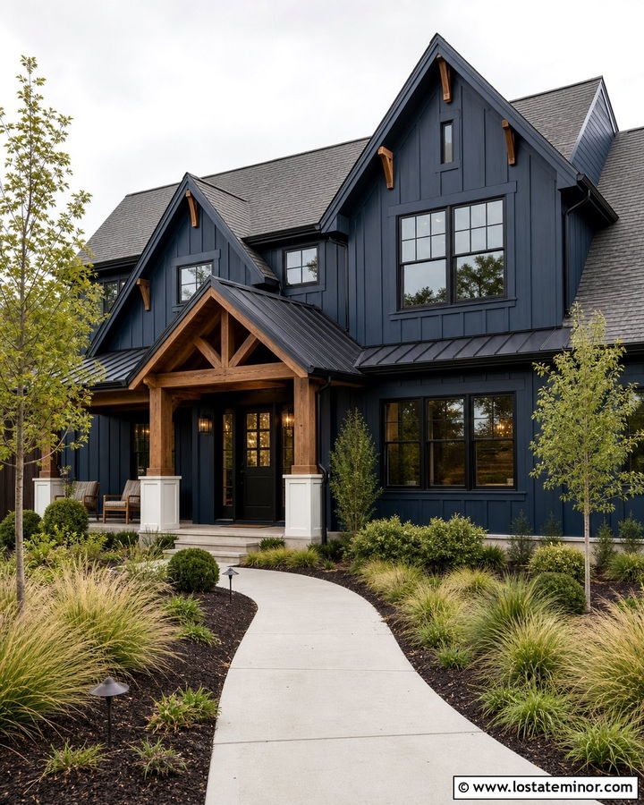 Navy Blue Farmhouse With Black Front Door - 30 Navy Blue House Design With Front Door Ideas
