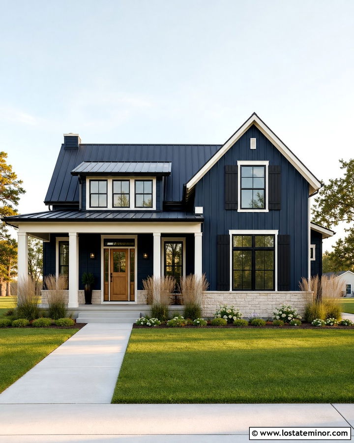 Navy Blue Farmhouse With Black Shutters - 30 Navy Blue House Design With Shutters Ideas