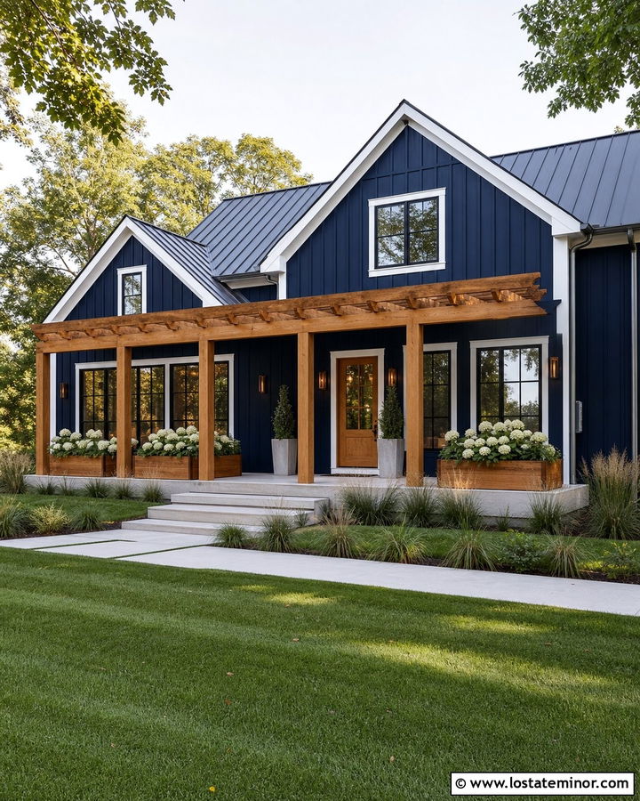 Navy Blue Farmhouse With Cedar Pergola - 30 Navy Blue House Design With Pergola Ideas