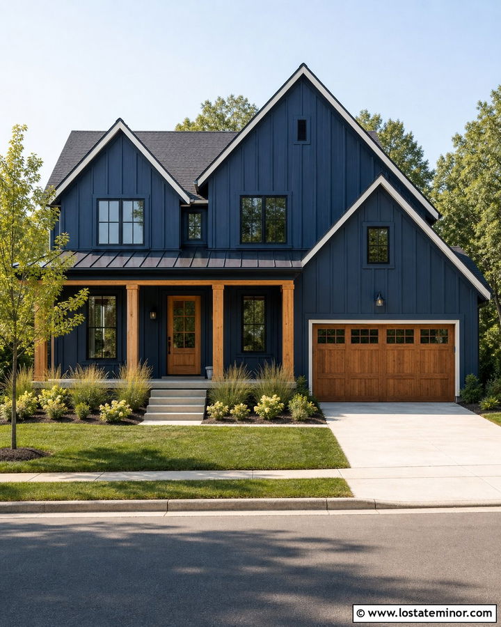 Navy Blue Farmhouse With Cedar Porch Columns - 30 Navy Blue House Design With Porch Columns Ideas