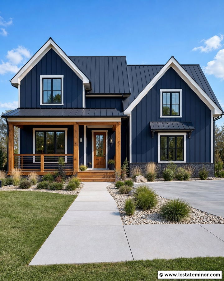 Navy Blue Farmhouse With Cedar Porch Railings - 30 Navy Blue House Design With Railings Ideas