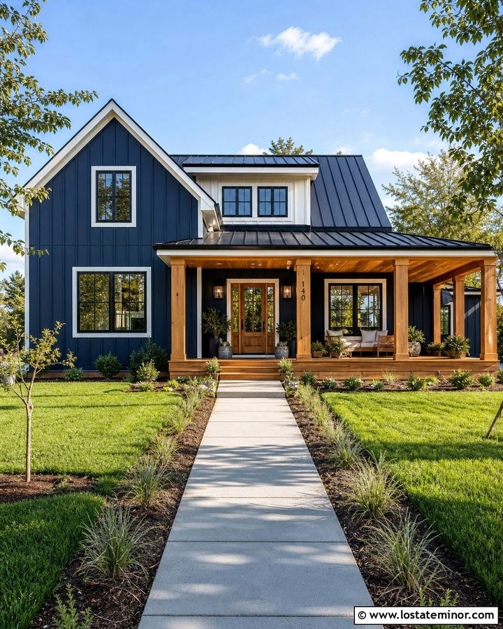 Navy Blue Farmhouse With Cedar Porch - 30 Navy Blue House Design With Front Porch Ideas