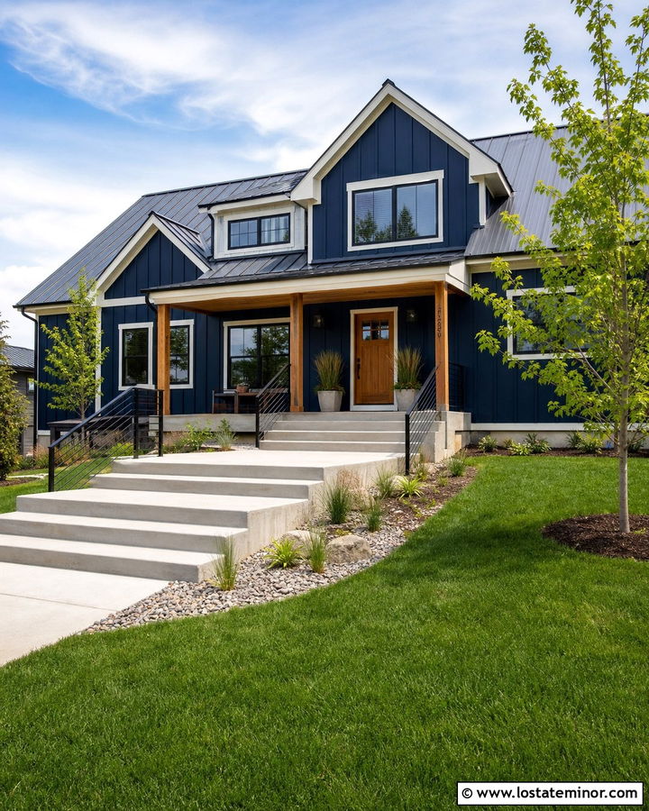 Navy Blue Farmhouse With Concrete Steps - 30 Navy Blue House Design With Steps Ideas