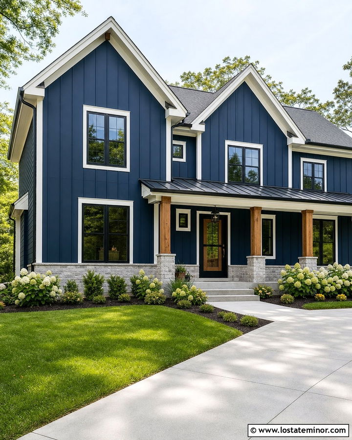 Navy Blue Farmhouse With Full View Storm Door - 30 Navy Blue House Design With Storm Door Ideas