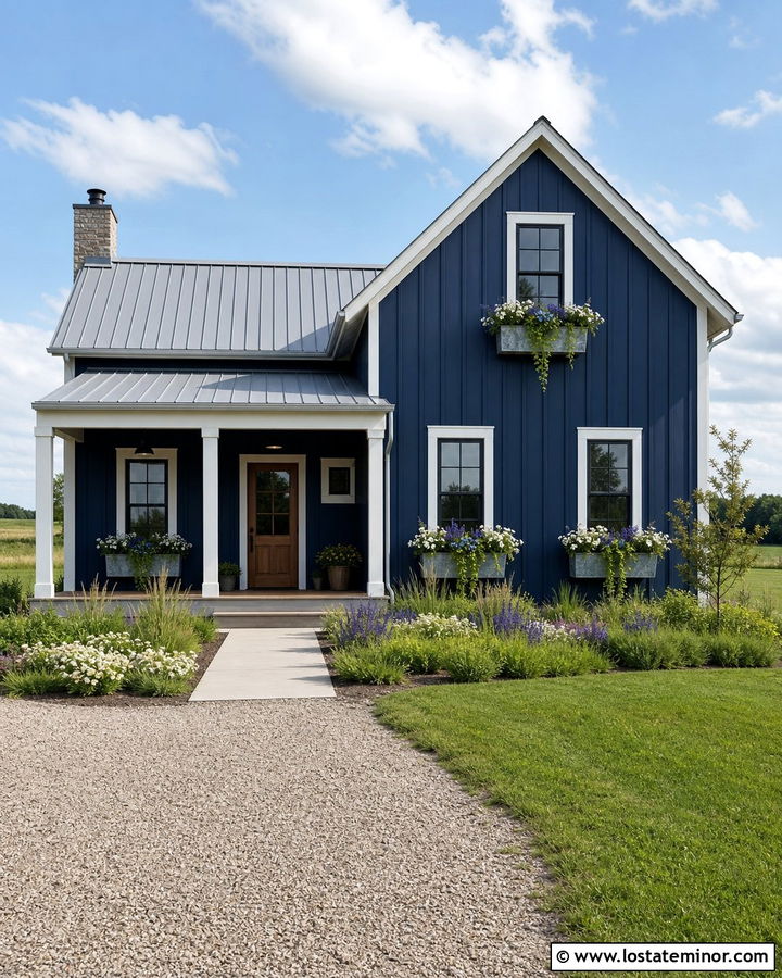 Navy Blue Farmhouse With Galvanized Window Boxes - 30 Navy Blue House Design With Window Boxes Ideas