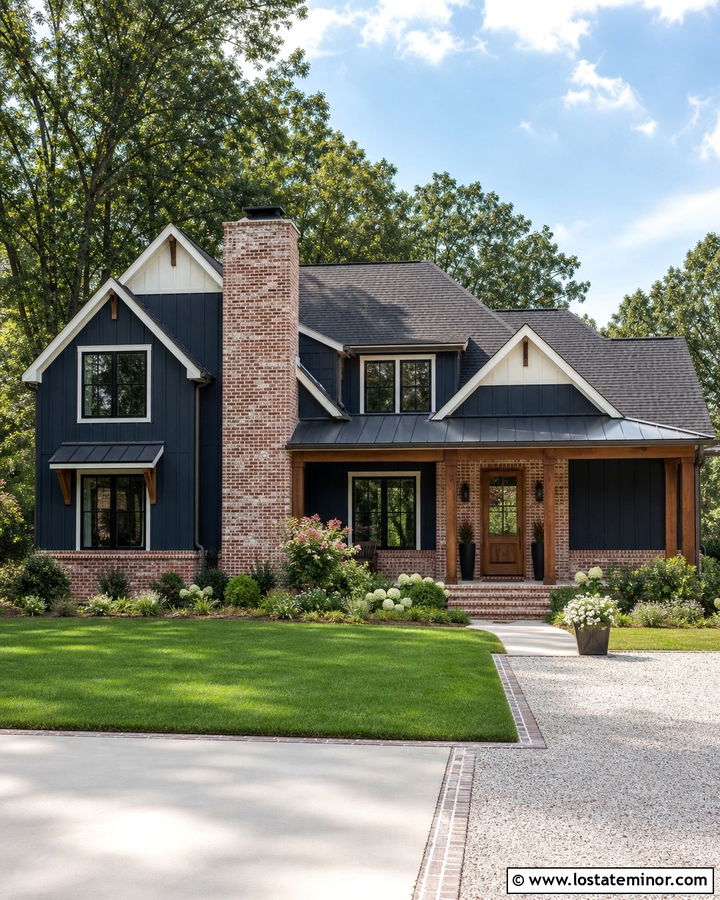 Navy Blue Farmhouse With German Smear Brick - 30 Navy Blue House Design With Brick Accents Ideas