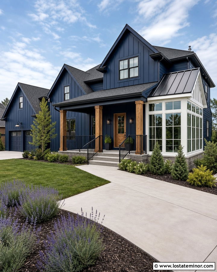 Navy Blue Farmhouse With Glass Sunroom - 30 Navy Blue House Design With Sunroom Ideas