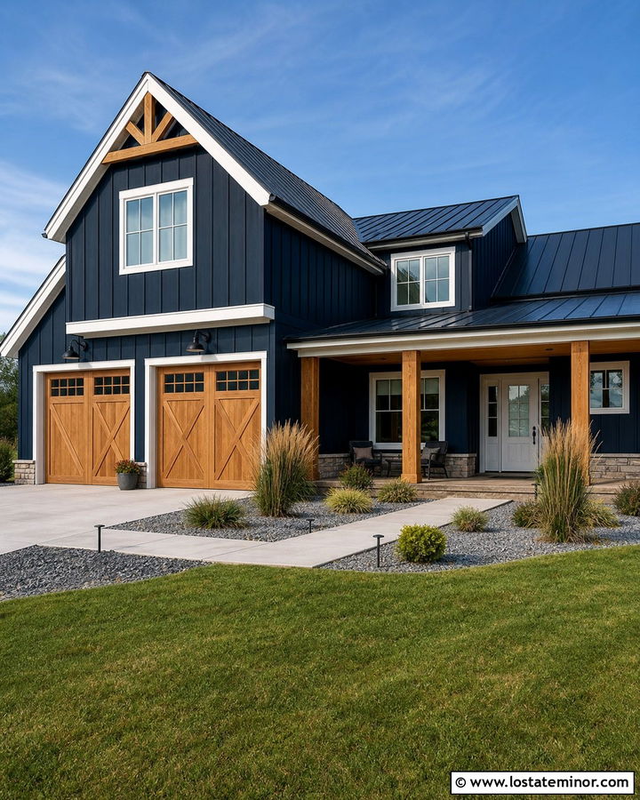 Navy Blue Farmhouse With Gooseneck Lights - 30 Navy Blue House Design With Light Fixtures Ideas