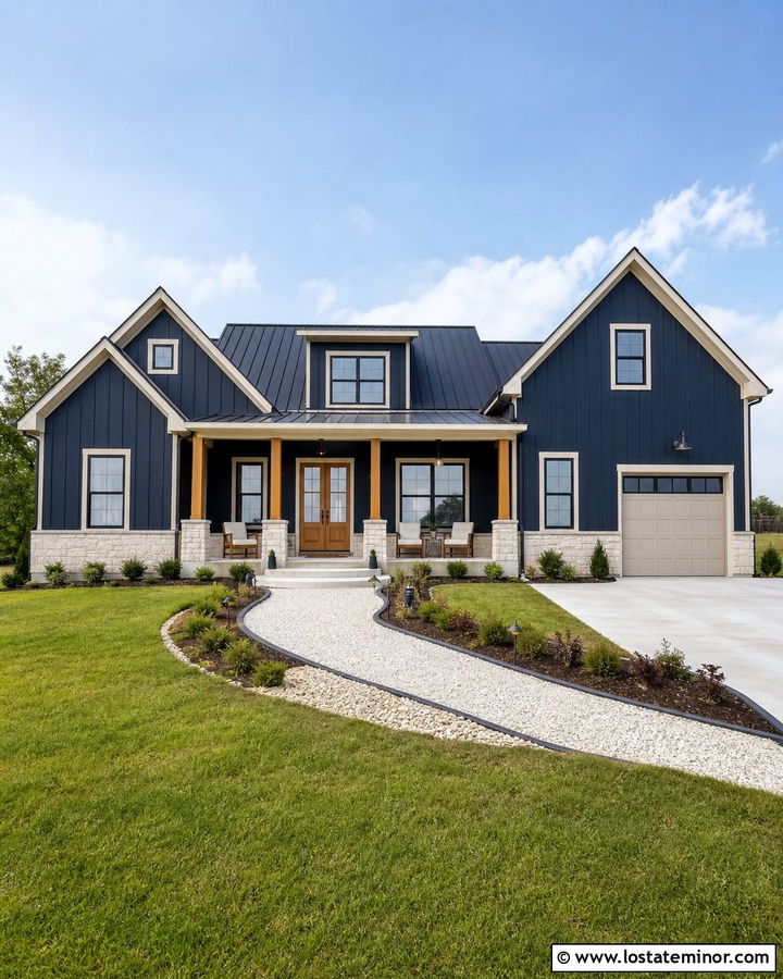 Navy Blue Farmhouse With Limestone Base - 30 Navy Blue House Design With Stone Accents Ideas