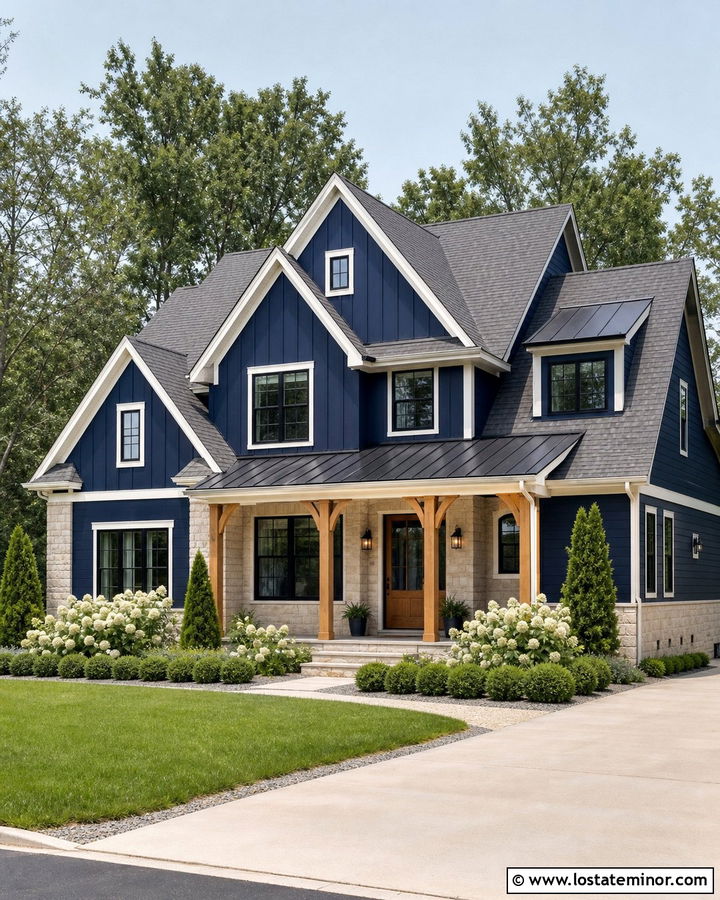 Navy Blue Farmhouse With Limestone Wainscoting - 30 Navy Blue House Design With Wainscoting Ideas