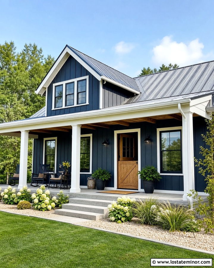 Navy Blue Farmhouse With Natural Wood Dutch Door - 30 Navy Blue House Design With Dutch Door Ideas