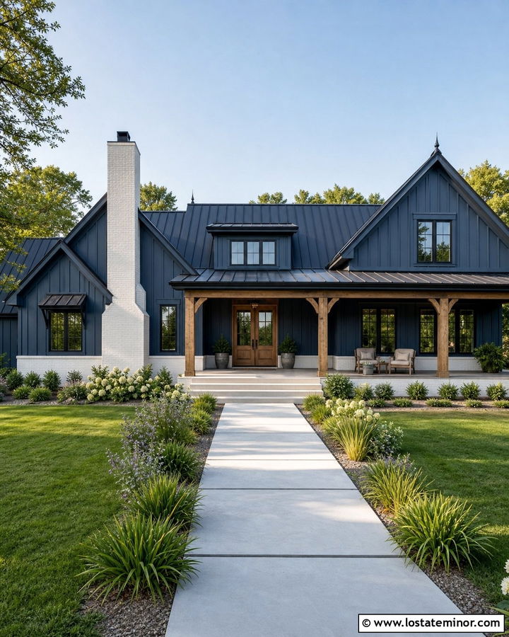 Navy Blue Farmhouse With Painted Brick Chimney - 30 Navy Blue House Design With Chimney Ideas