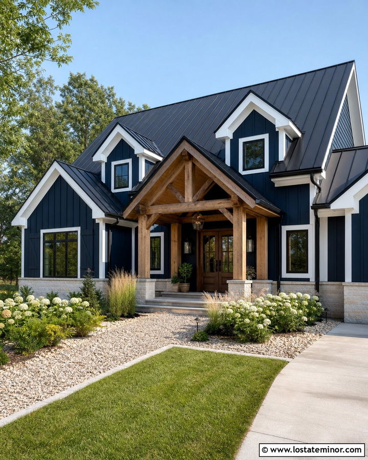 Navy Blue Farmhouse With Timber Portico - 30 Navy Blue House Design With Portico Ideas
