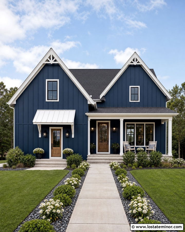 Navy Blue Farmhouse With White Awning - 30 Navy Blue House Design With Awning Ideas