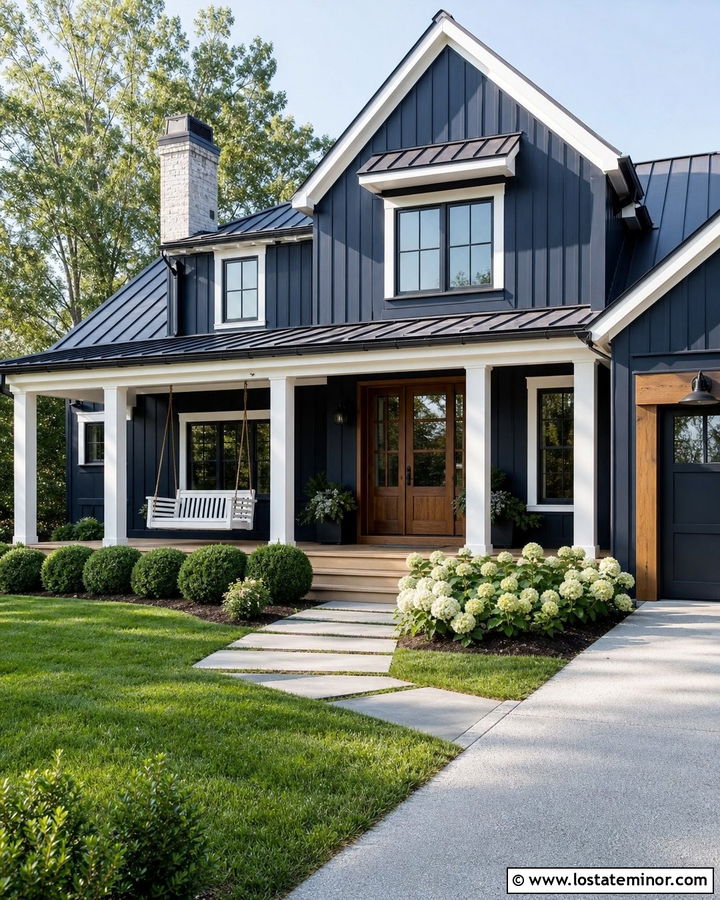 Navy Blue Farmhouse With White Porch Swing - 30 Navy Blue House Design With Swing Ideas