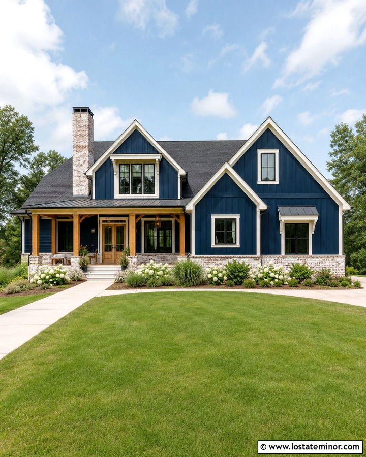 Navy Blue Farmhouse With Whitewashed Brick - 30 Navy Blue House Design With Brick Accents Ideas