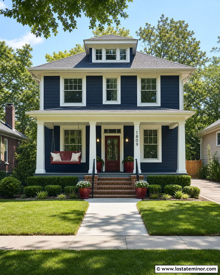 Navy Blue Foursquare House With Red Swing - 30 Navy Blue House Design With Swing Ideas