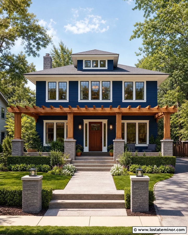 Navy Blue Foursquare With Full Width Pergola - 30 Navy Blue House Design With Pergola Ideas